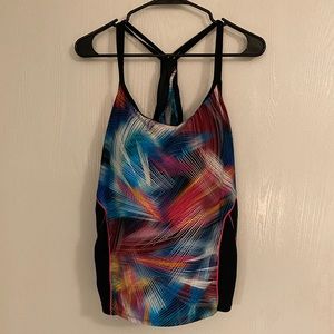 Black with color splashes women’s plus bathing suit and/or active wear.